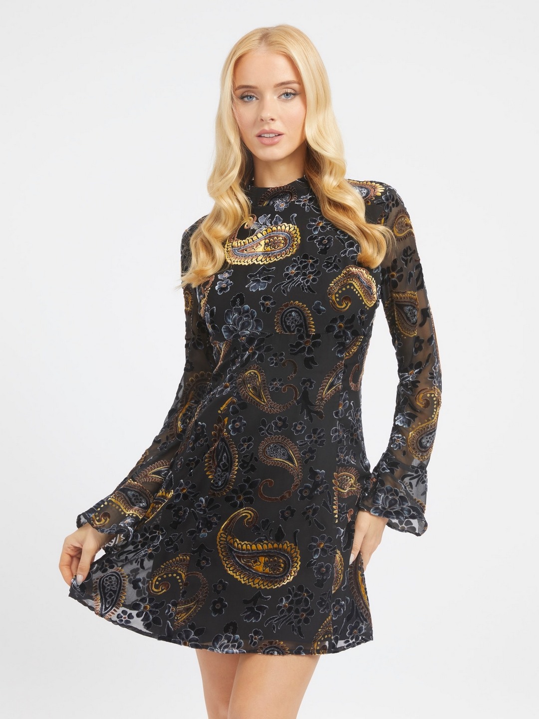 Women Black Printed Round Neck Full Sleeves A-Line Dress