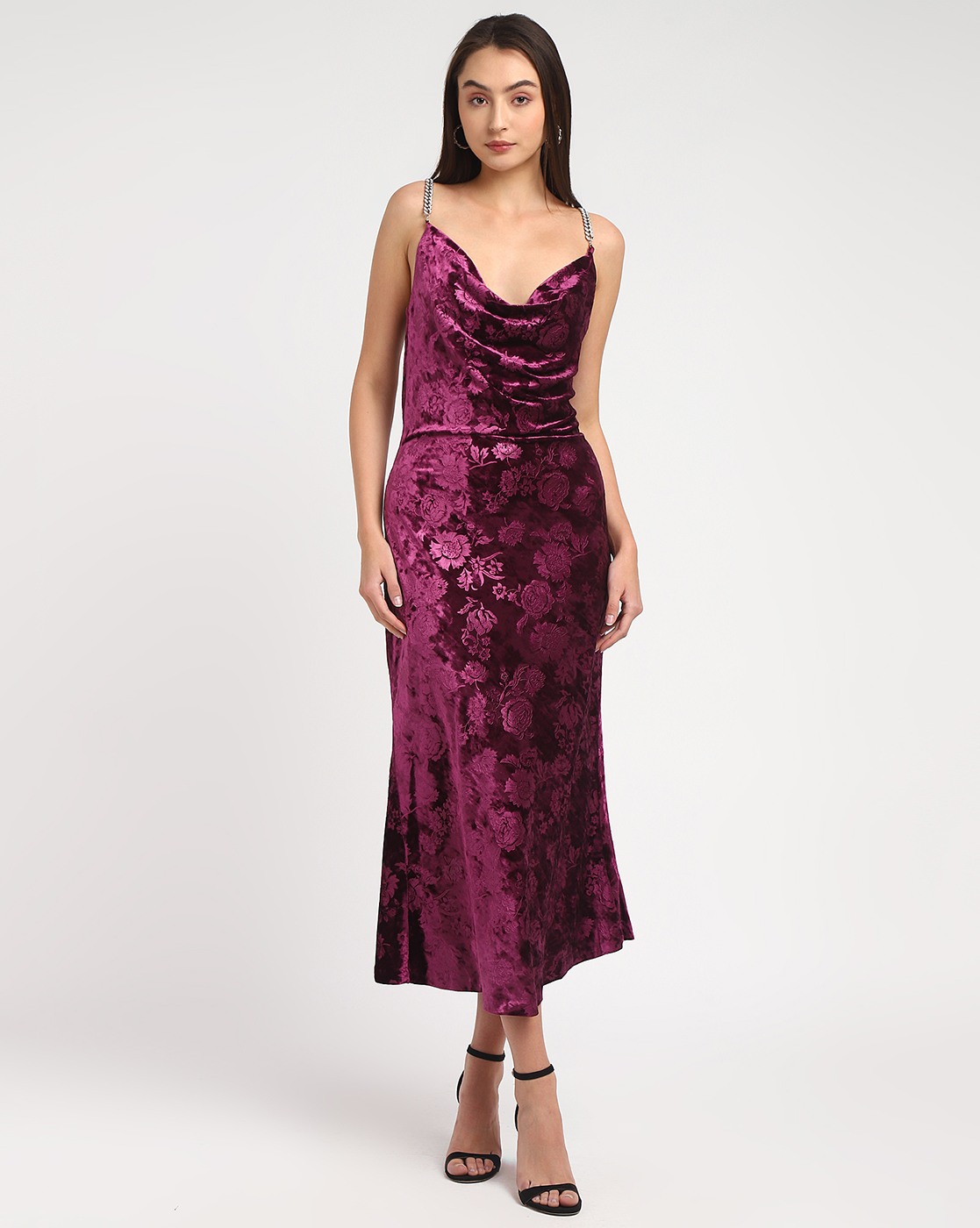 s Purple Polyester Blend Printed Regular Fit Cowl Neck Sleeveless Dress