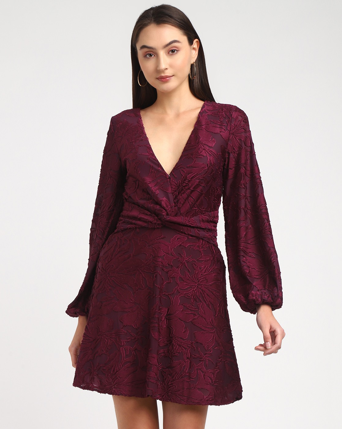 Women's Maroon Polyester Self Design Regular Fit Dress