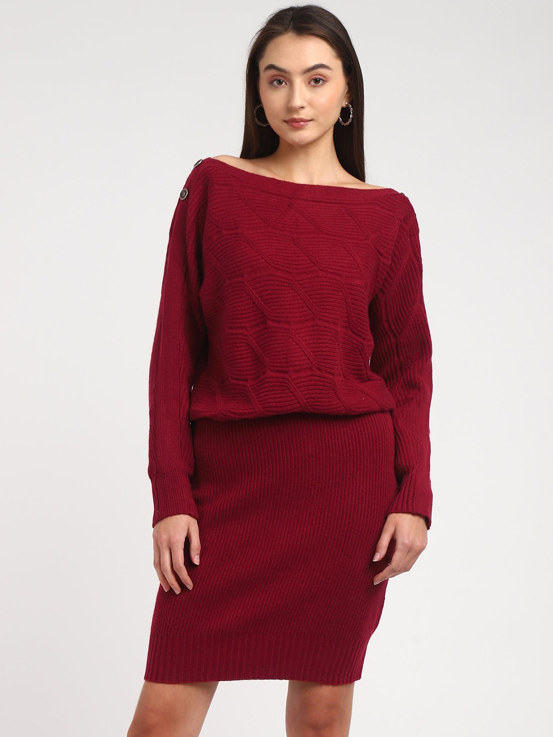 Maroon Solid Boat Neck Dress