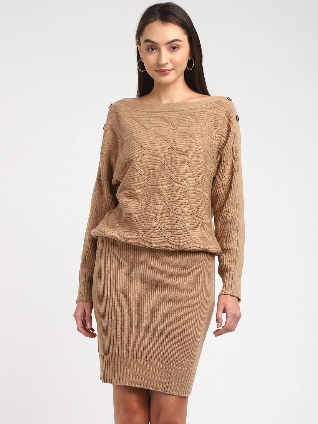 Beige Solid Boat Neck Dress