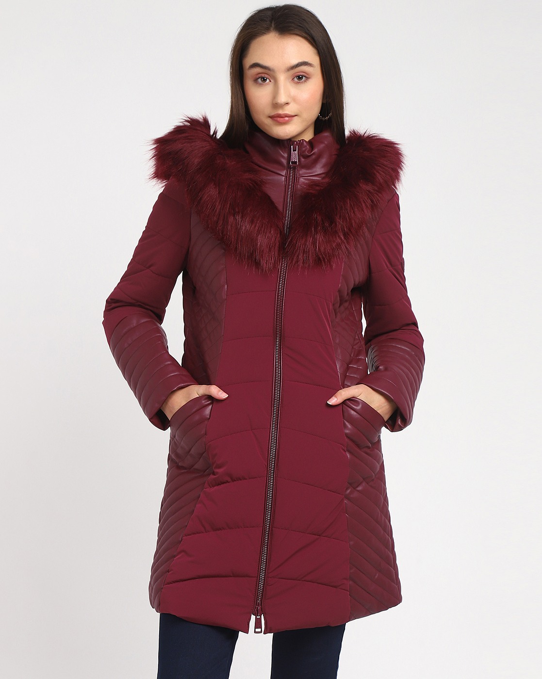 Wine Solid Hooded Full Sleeves Faux Fur Quilted Jacket
