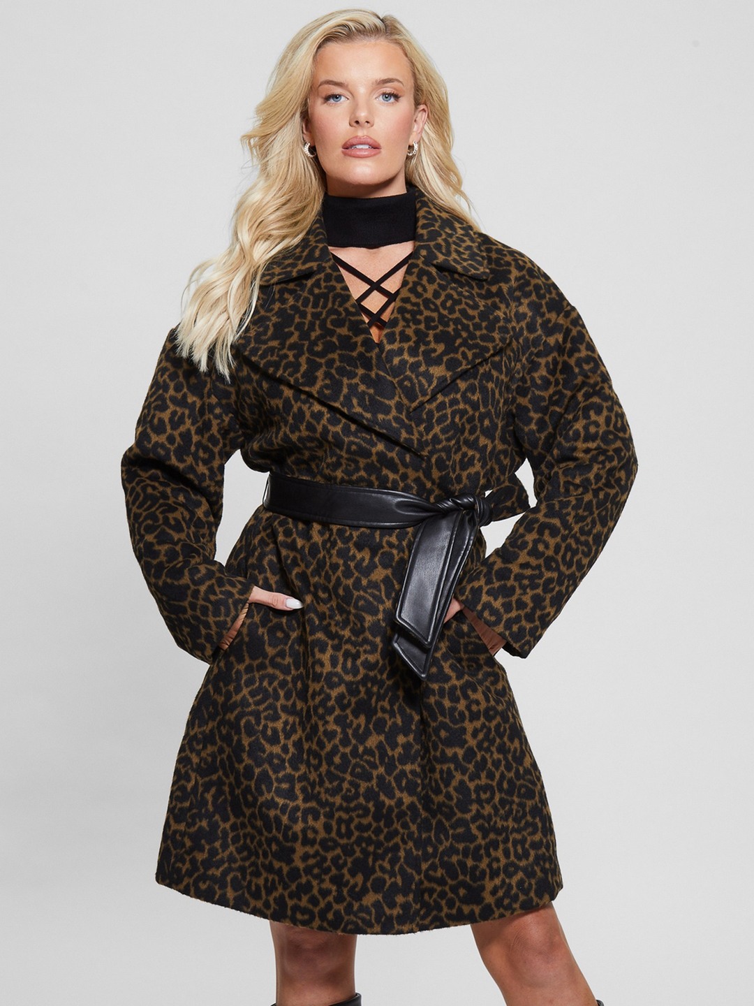 Brown Printed Lapel Collar Full Sleeves Patrizia Belted Coat
