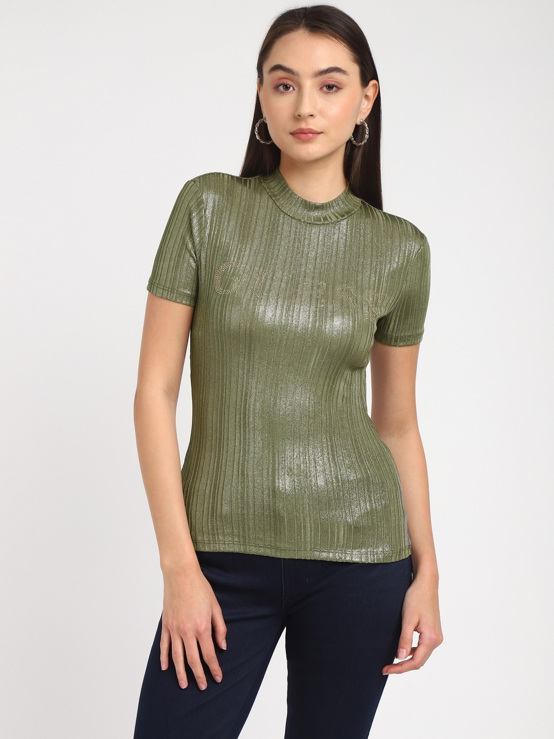 Olive Striped Round Neck Short Sleeves T-shirt