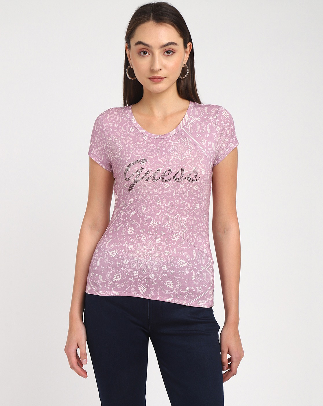 Women's Pink Cotton Paisley Regular Fit T-shirt