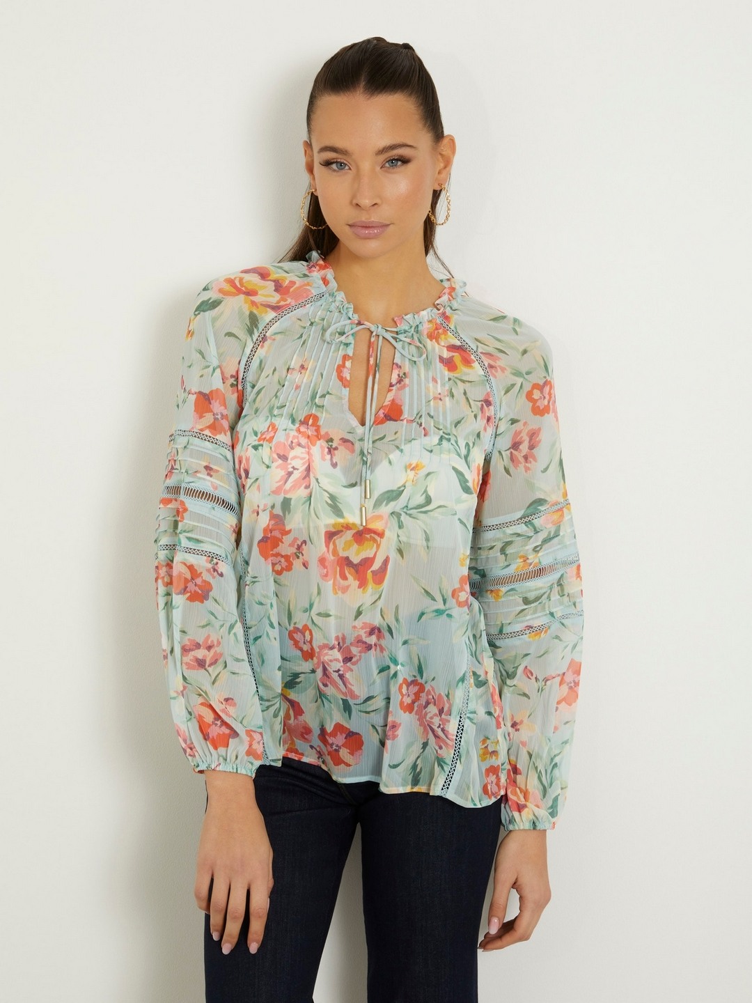 Multi-Color Printed Tie-Up Neck Full Sleeves Top