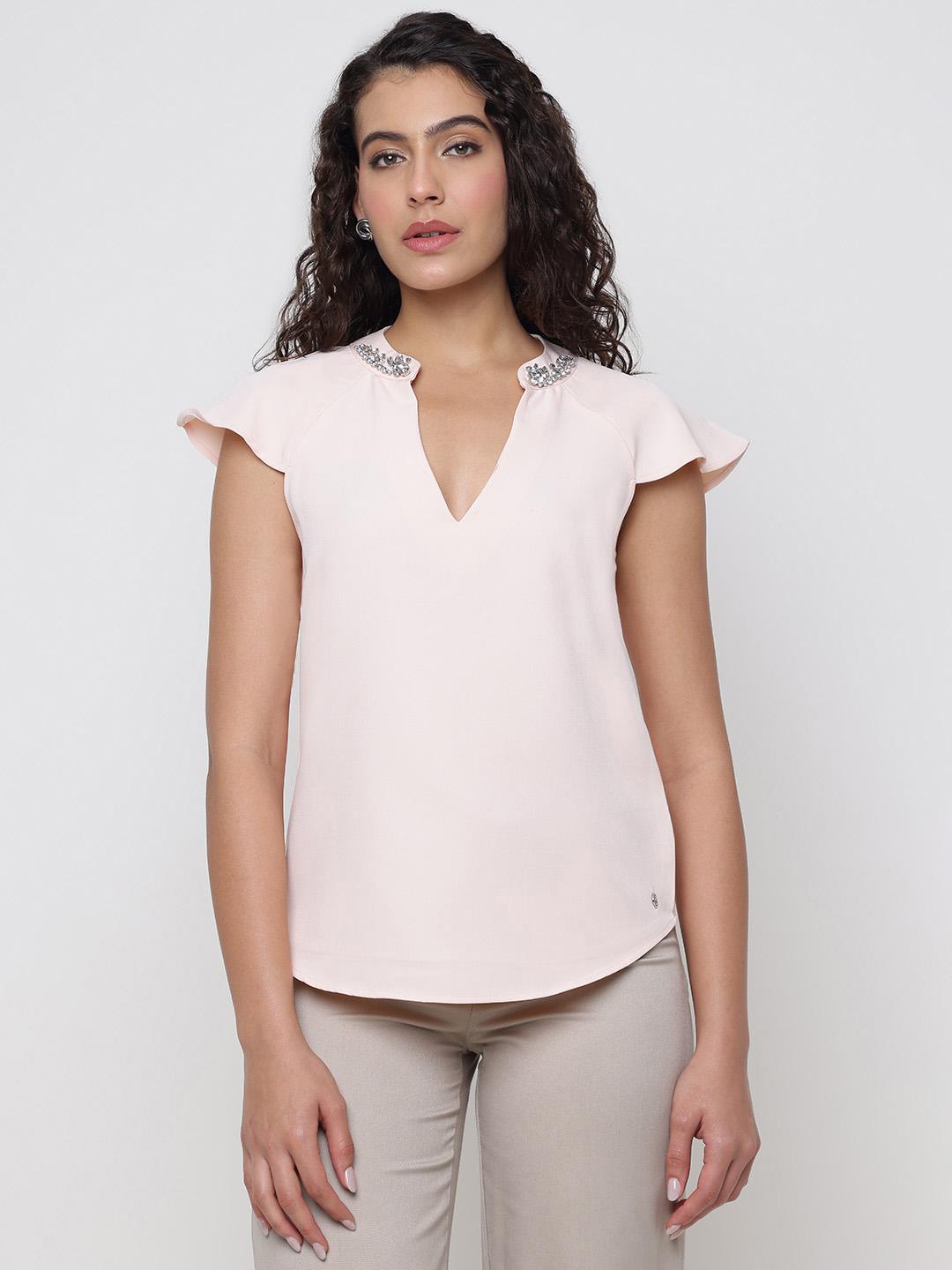 Mattea Calm Pink Solid V-Neck Regular Fit Embellishment Around Neck Shell Top
