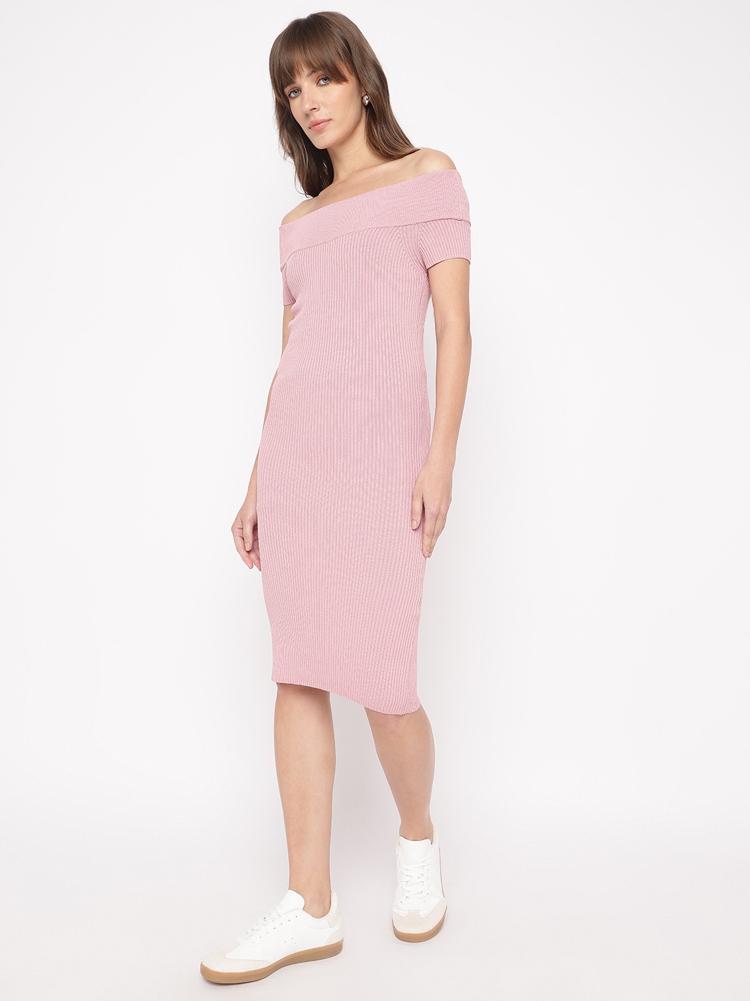 Vintage Blush Textured Off-Shoulder Short Sleeves Lidia Bodycon Dress