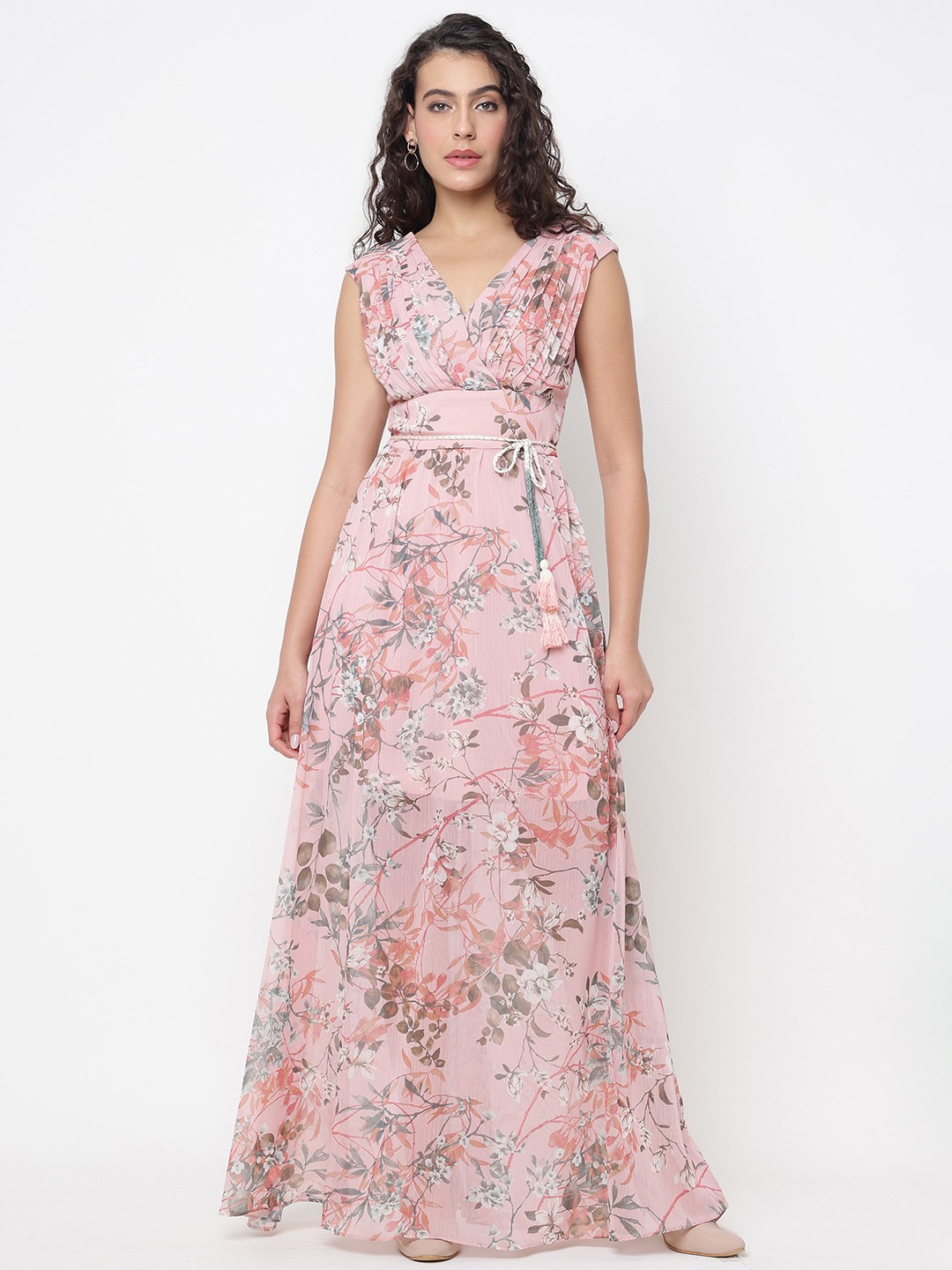 Gilda Crinkle Chiffon Eucalyptus Floral V-Neck Regular Fit Maxi Dress