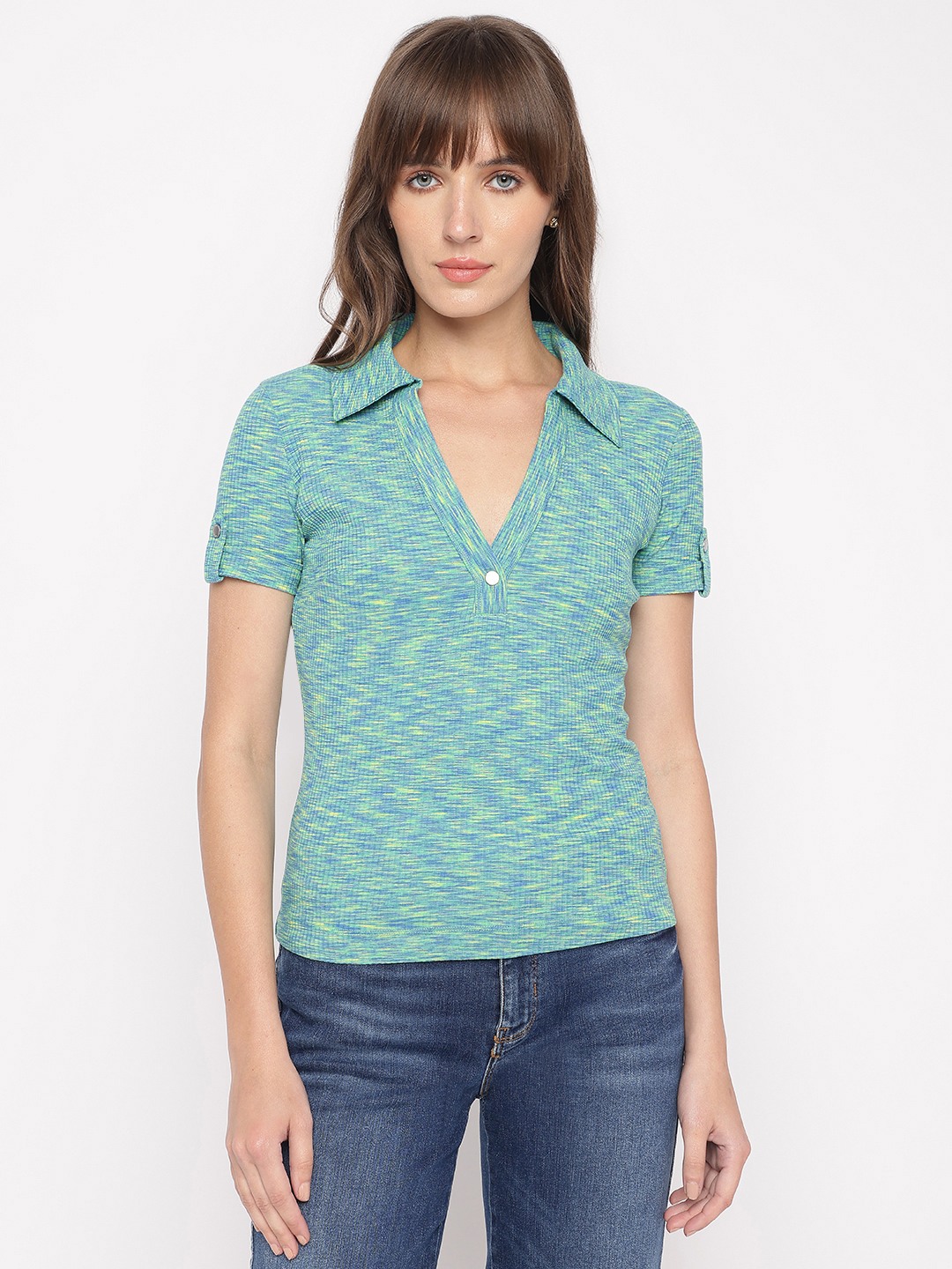 Green Space Dye Printed Johny Collar Short Sleeves Polo Latifah T-Shirt