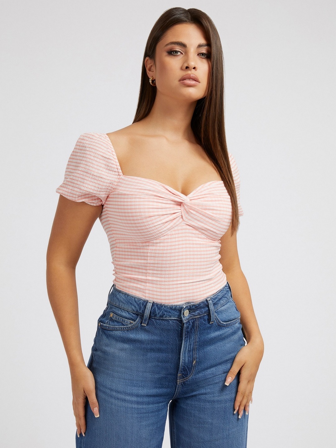 Pink Striped Sweatheart Neck Top