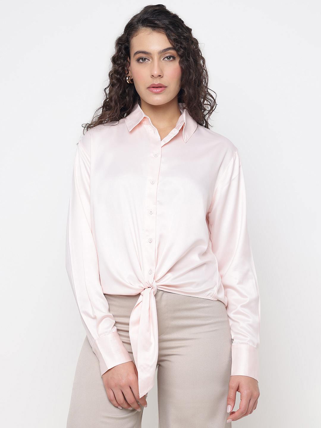 Anna Chic Look Soft Satin Blush Breeze Solid Spread Collar Regular Fit Shirt