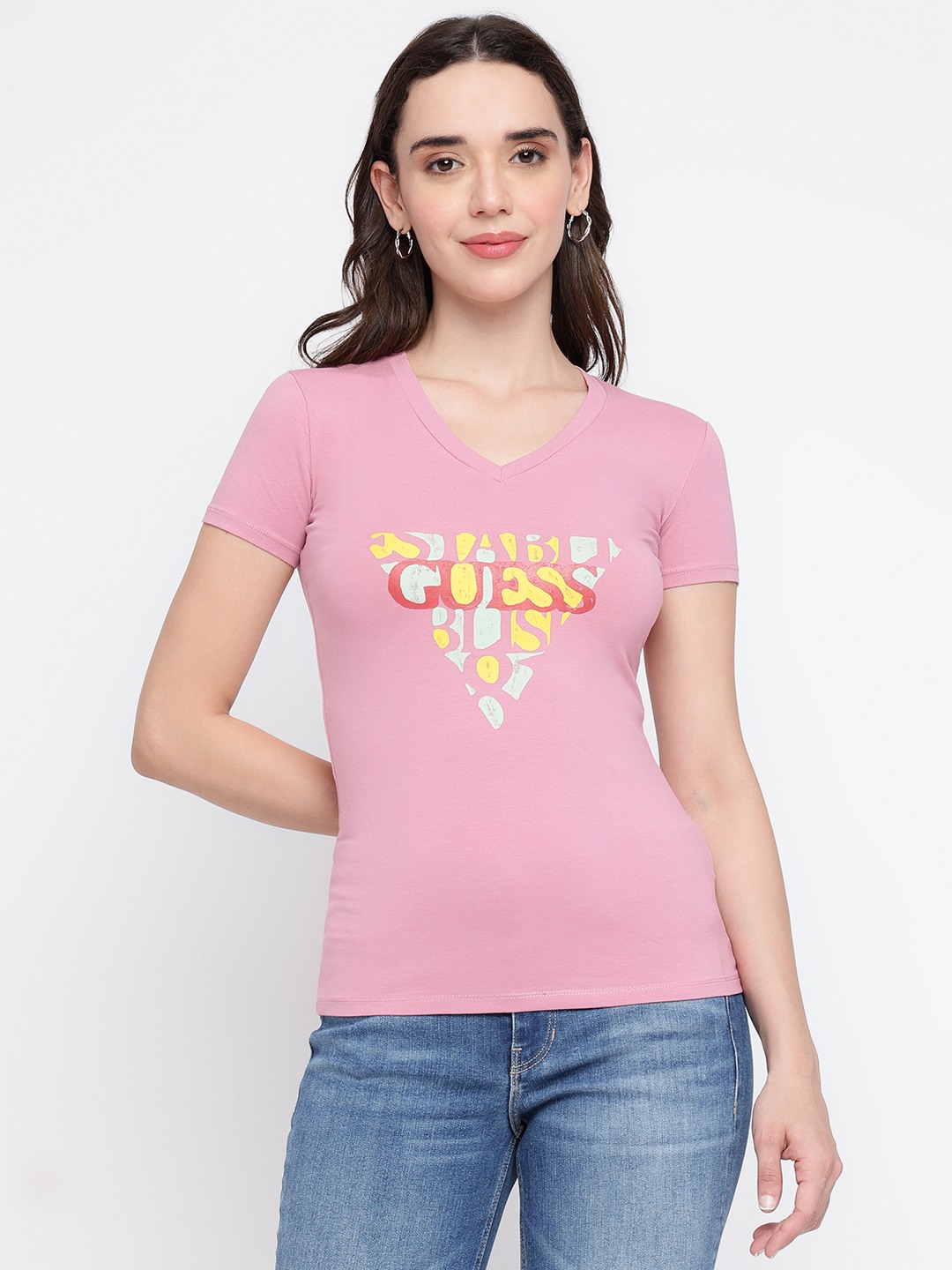 Pink Printed V-Neck Short Sleeve T-Shirt