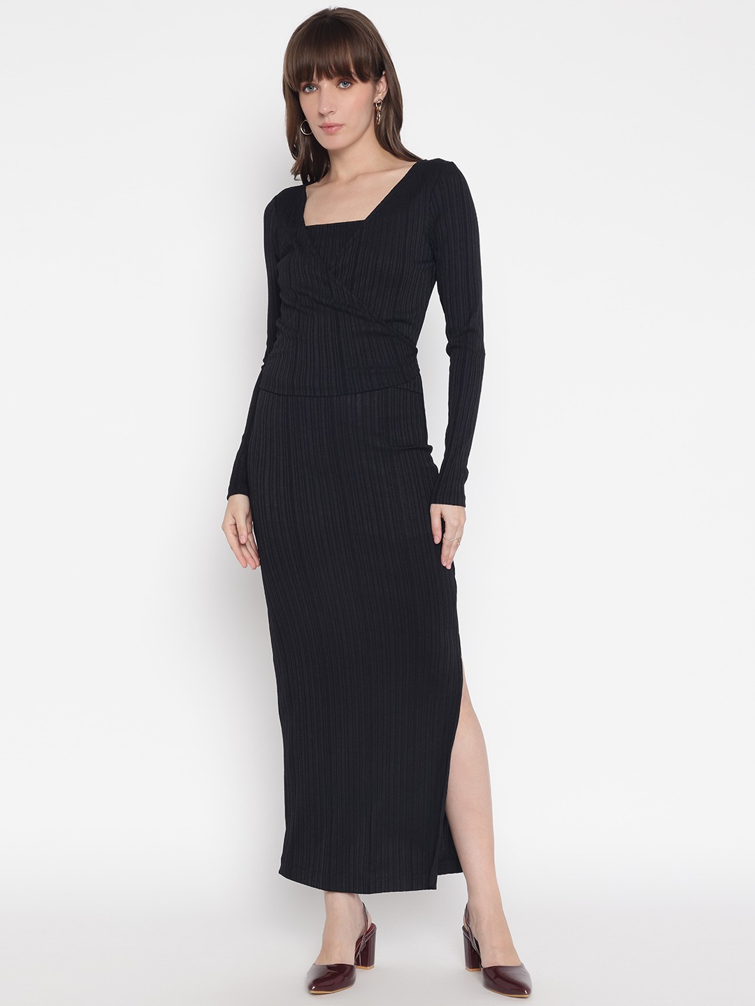 Black Ribbed Square Neck Full Sleeve Wrap Dress