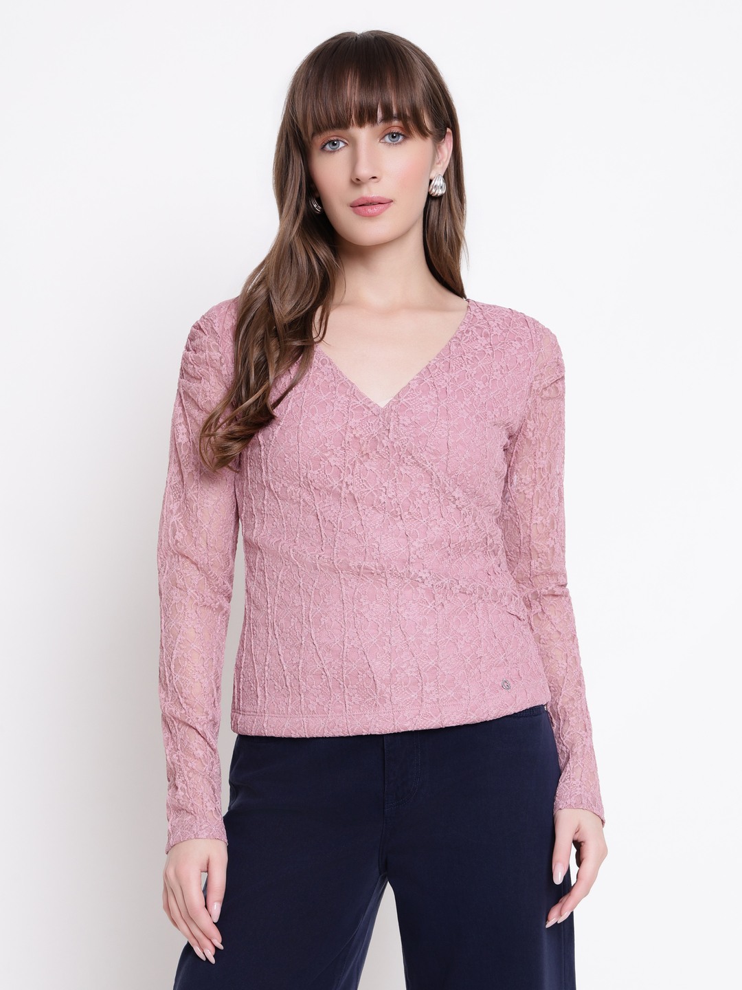 Guess Women Ravenna Cord Knit Think Pink Lace V-Neck Regular Fit Top