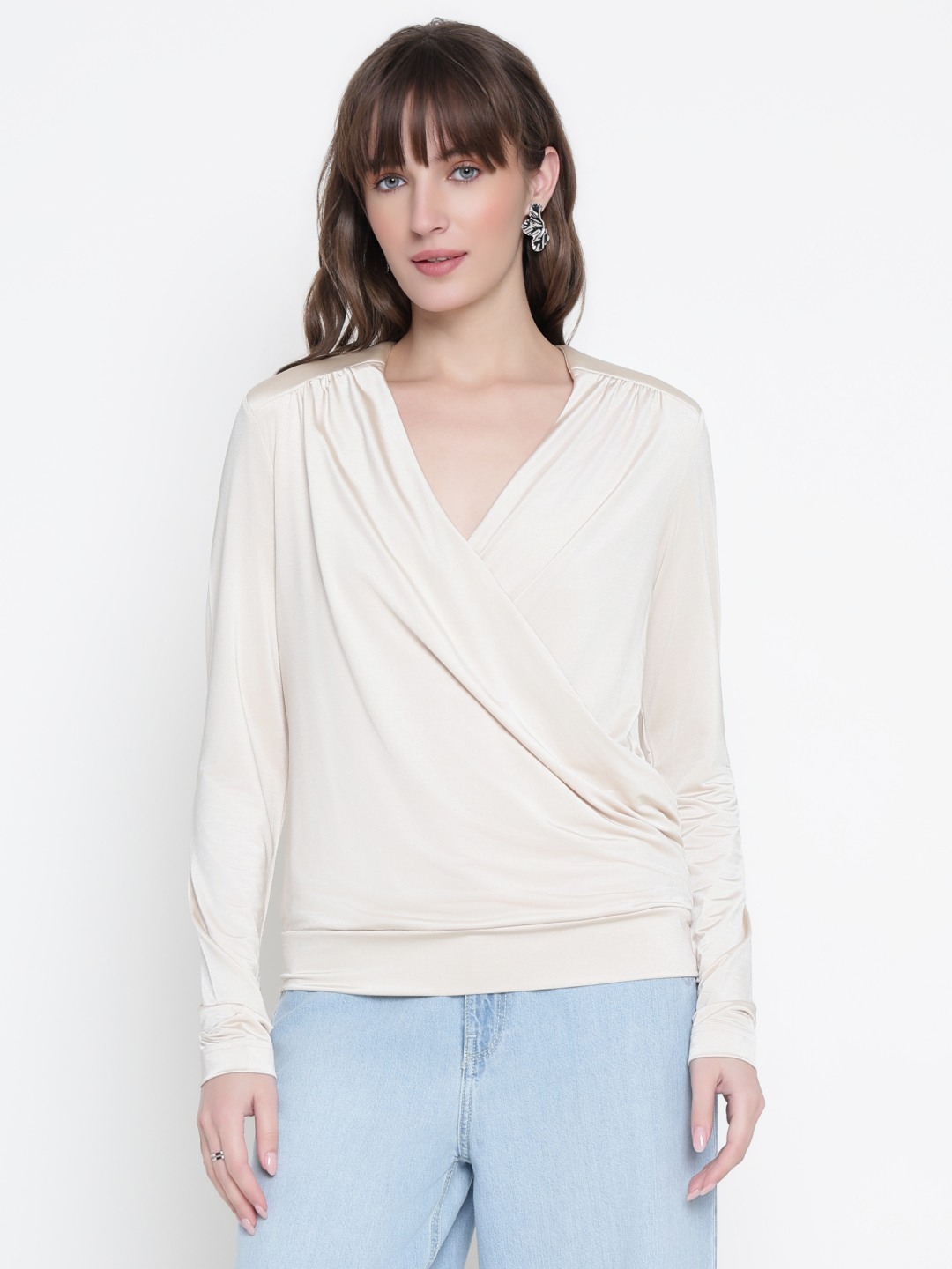 Women Off White Solid V Neck Top