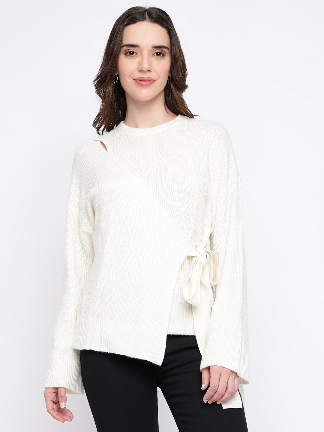 White Ribbed Round Full Sleeve Cardigan