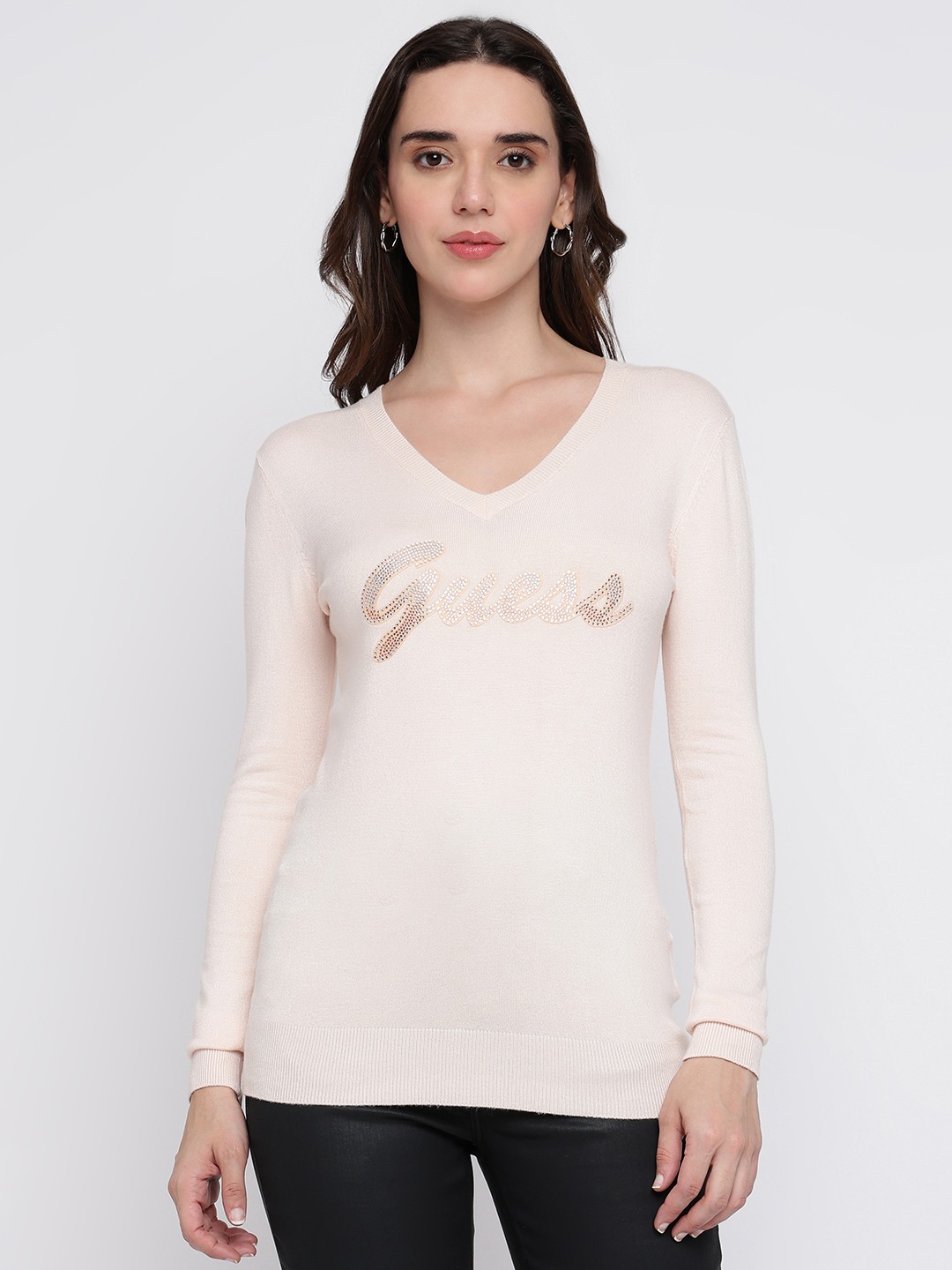 Light Pink Embellished V-Neck Full Sleeve Sweater