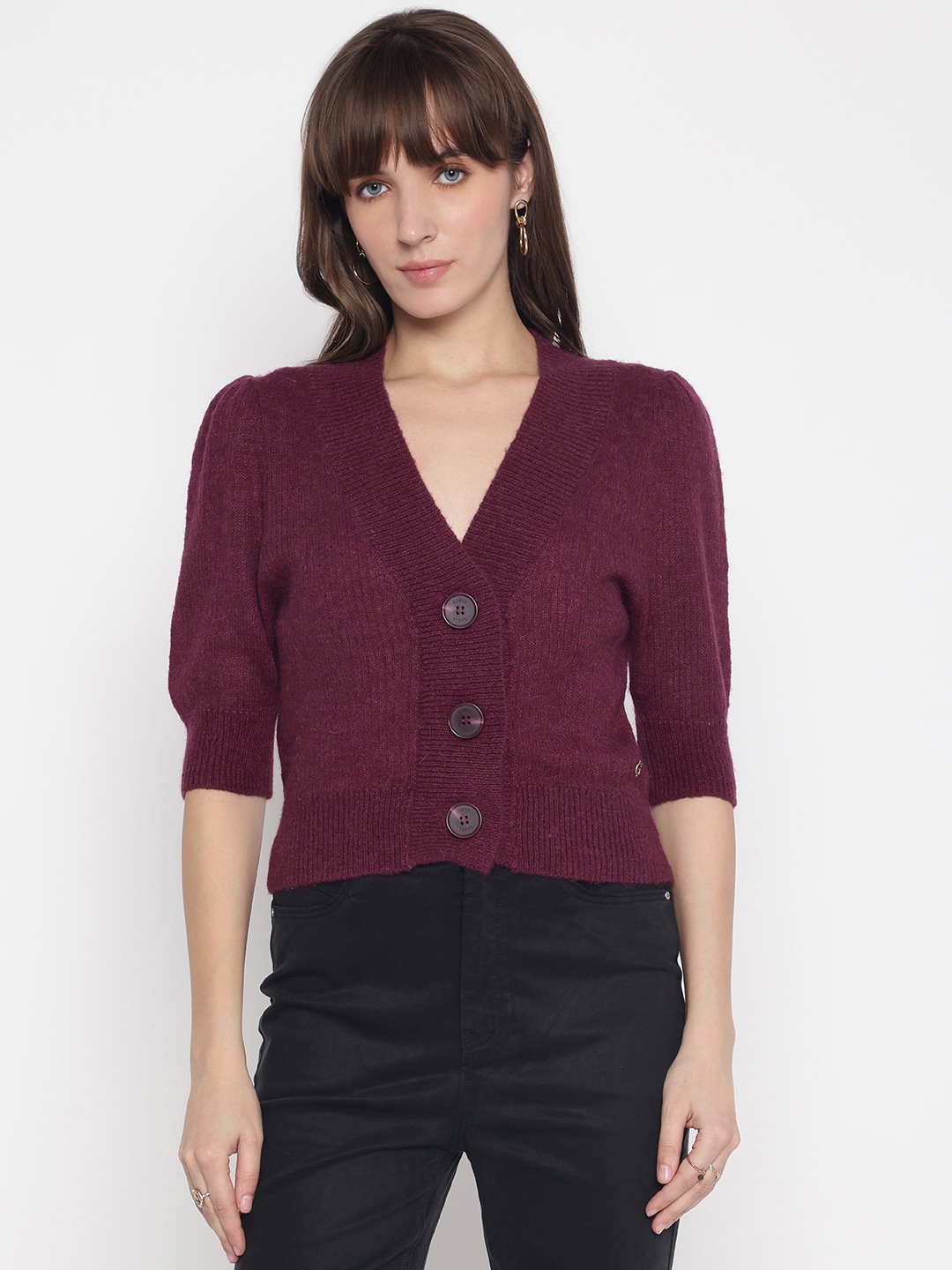 Wine Solid V-Neck Cardigan