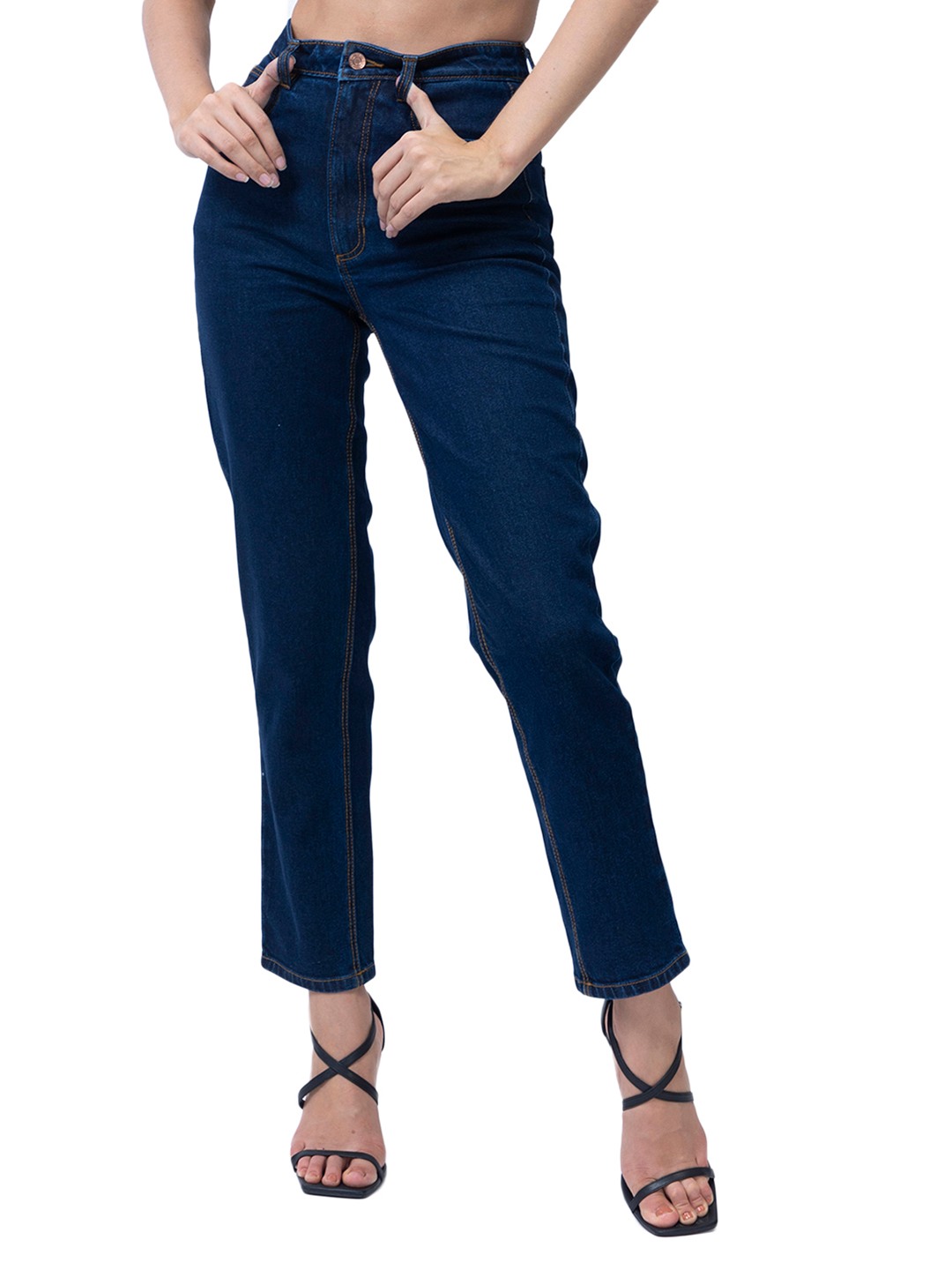 Blue Solid Mid-Rise Full Length Jeans