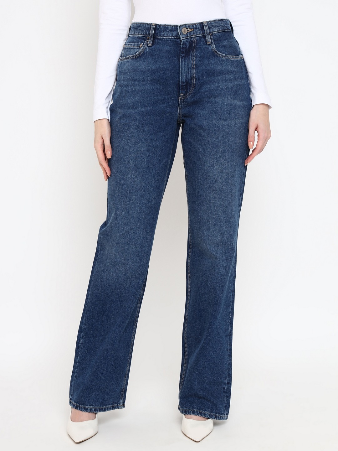 Blue Washed High-Rise Full Length Jeans