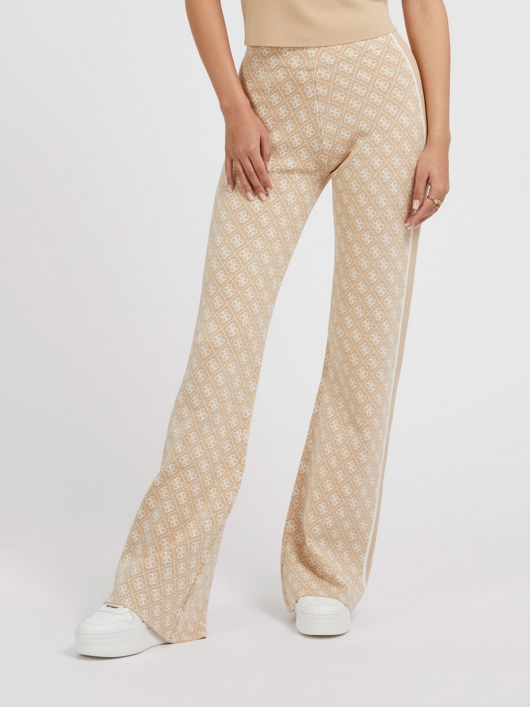 Beige Printed Regular Fit Trousers