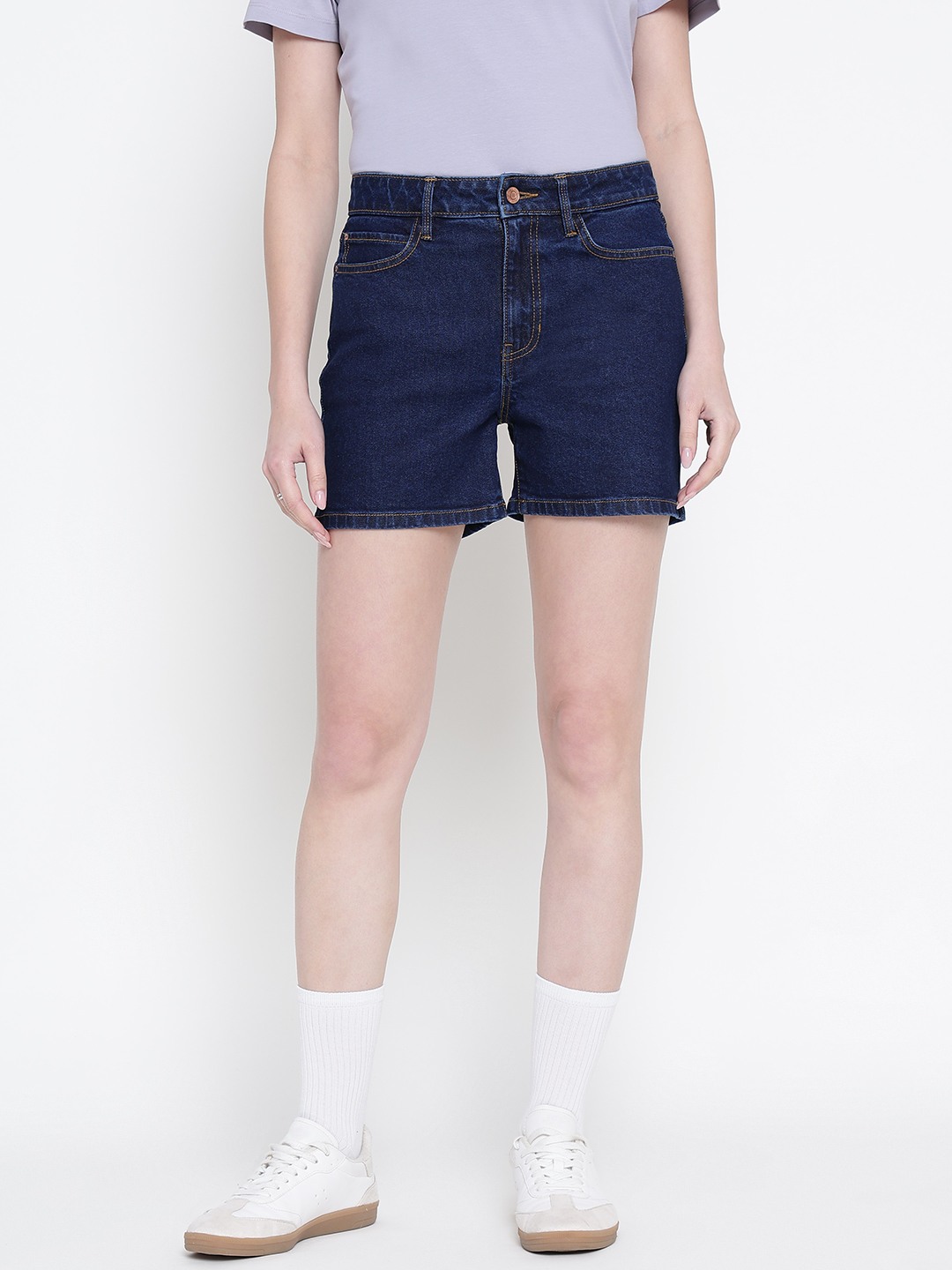 Women Navy Blue Solid Regular Fit Shorts
