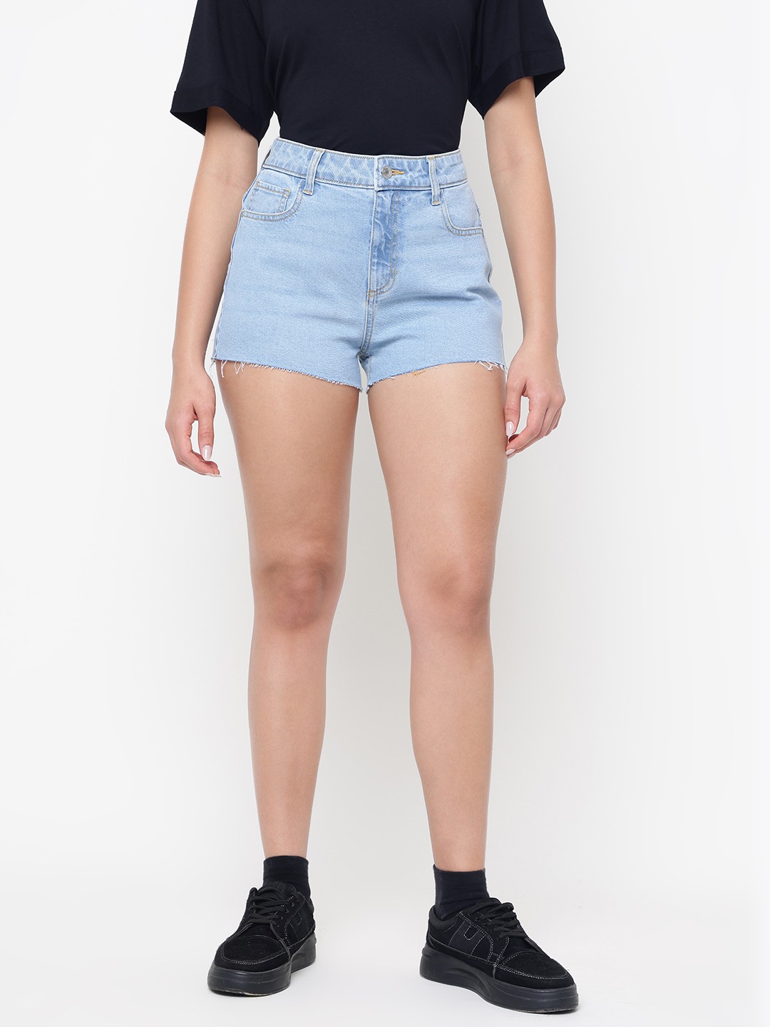 Mom Blue Solid High Rise Regular Fit Denim Shorts