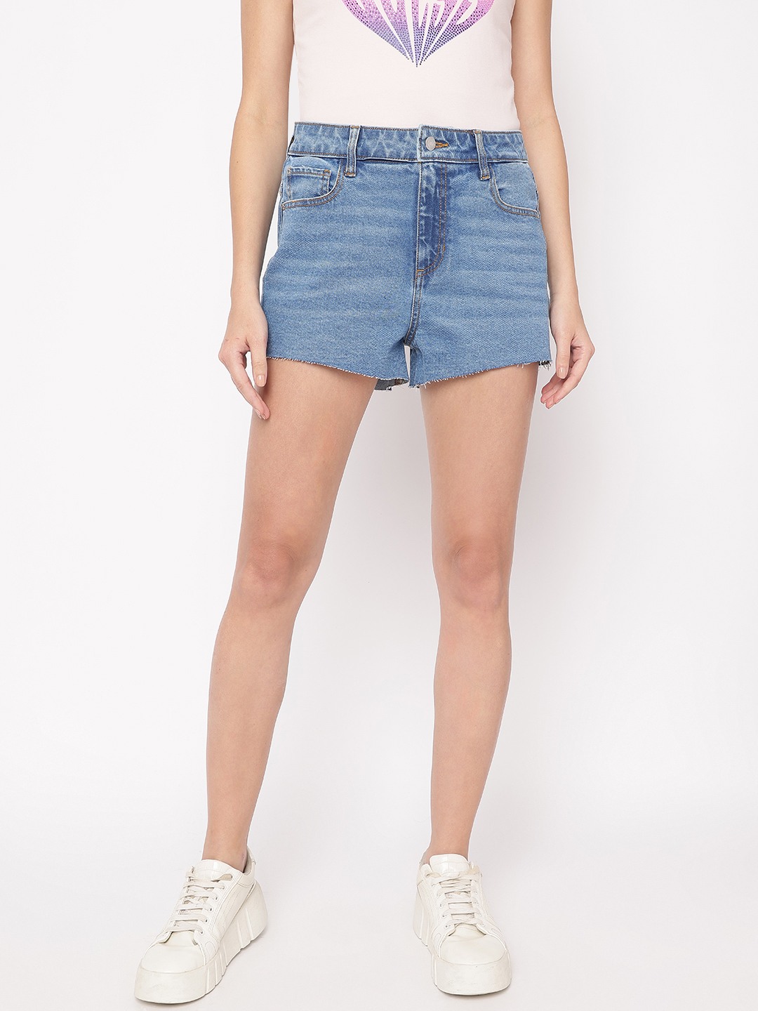 Loto Mid Solid High Rise Denim Mom Shorts