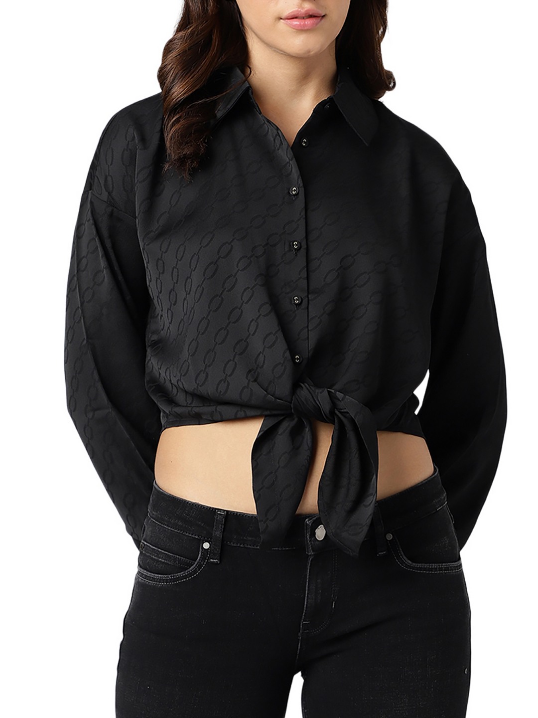 Black Printed Spread Collar Full Sleeves Shirt