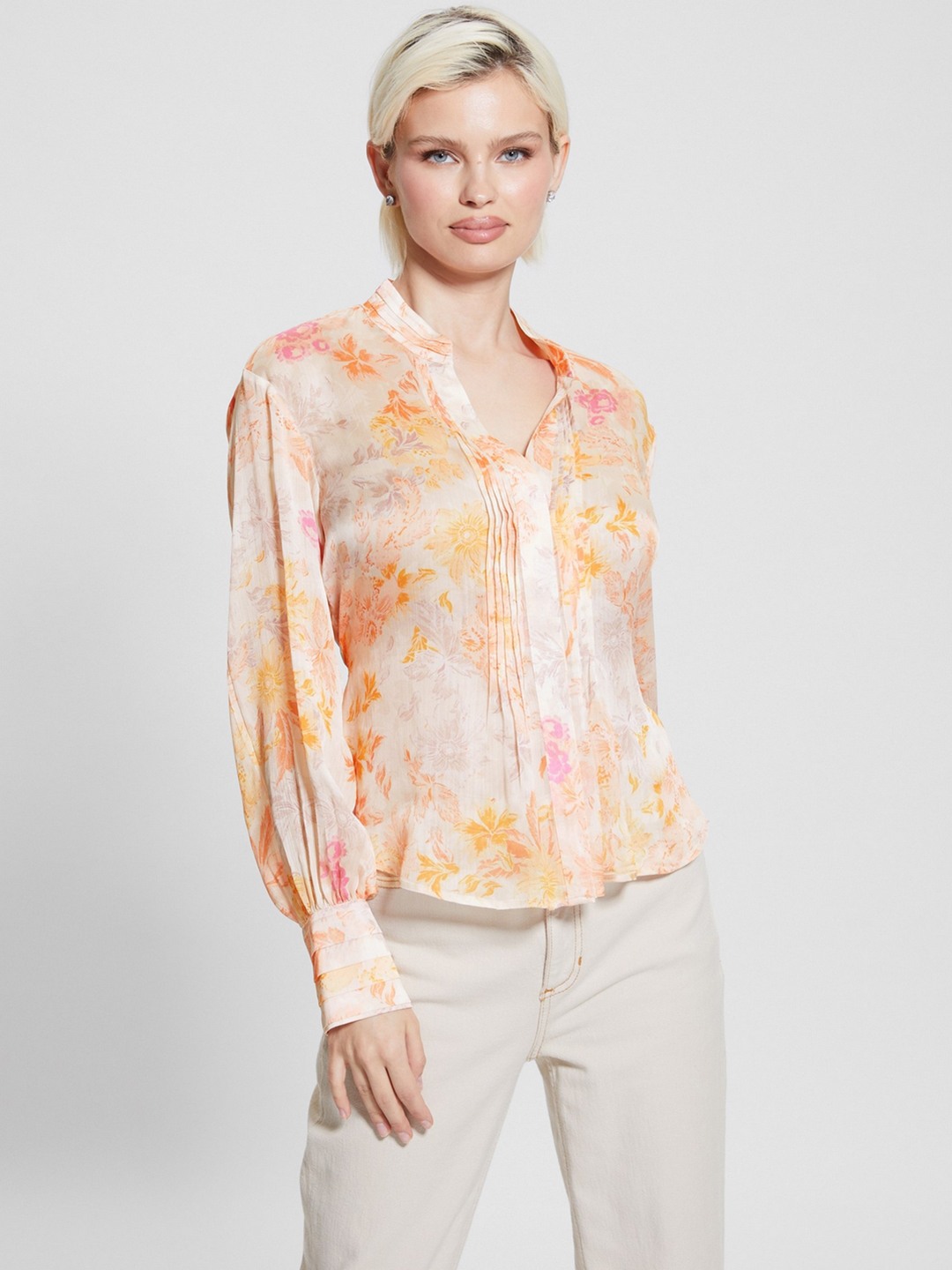 Multi-Color Printed V-Neck Full Sleeves Monica Chiffon Top
