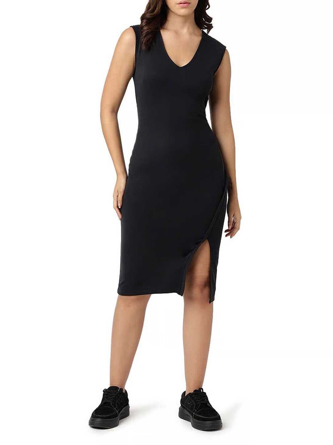Black Solid V-Neck Dress