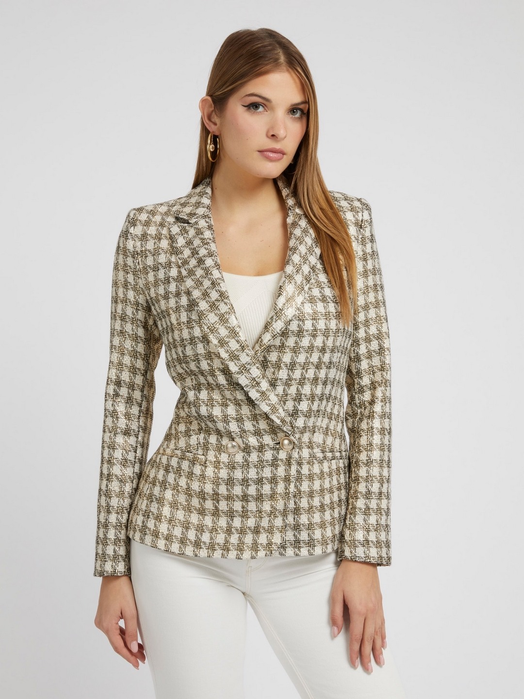 Multi-Color Checked Lapel Collar Full Sleeves Double Breasted Blazer