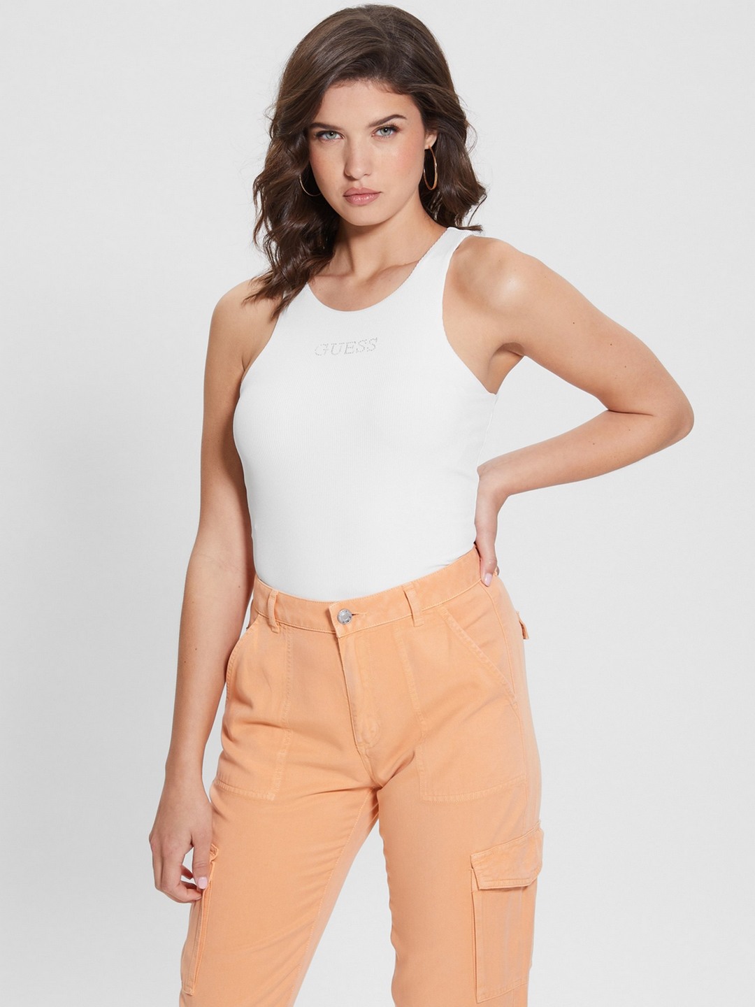 Cream Solid Round Neck Sleeveless Top
