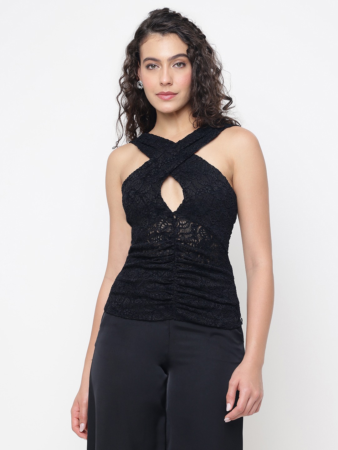 Celia Jet Black Lace Embroidered Halter Neck Regular Fit Tank Top