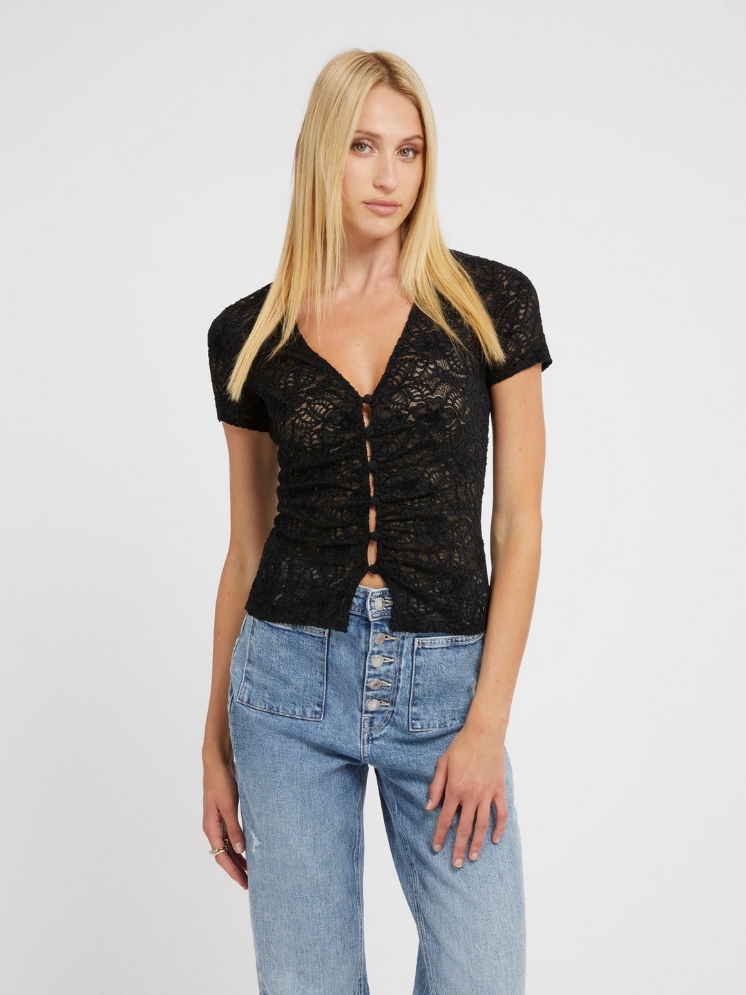 Black Embroidered V-Neck Short Sleeves Leila Lace Top