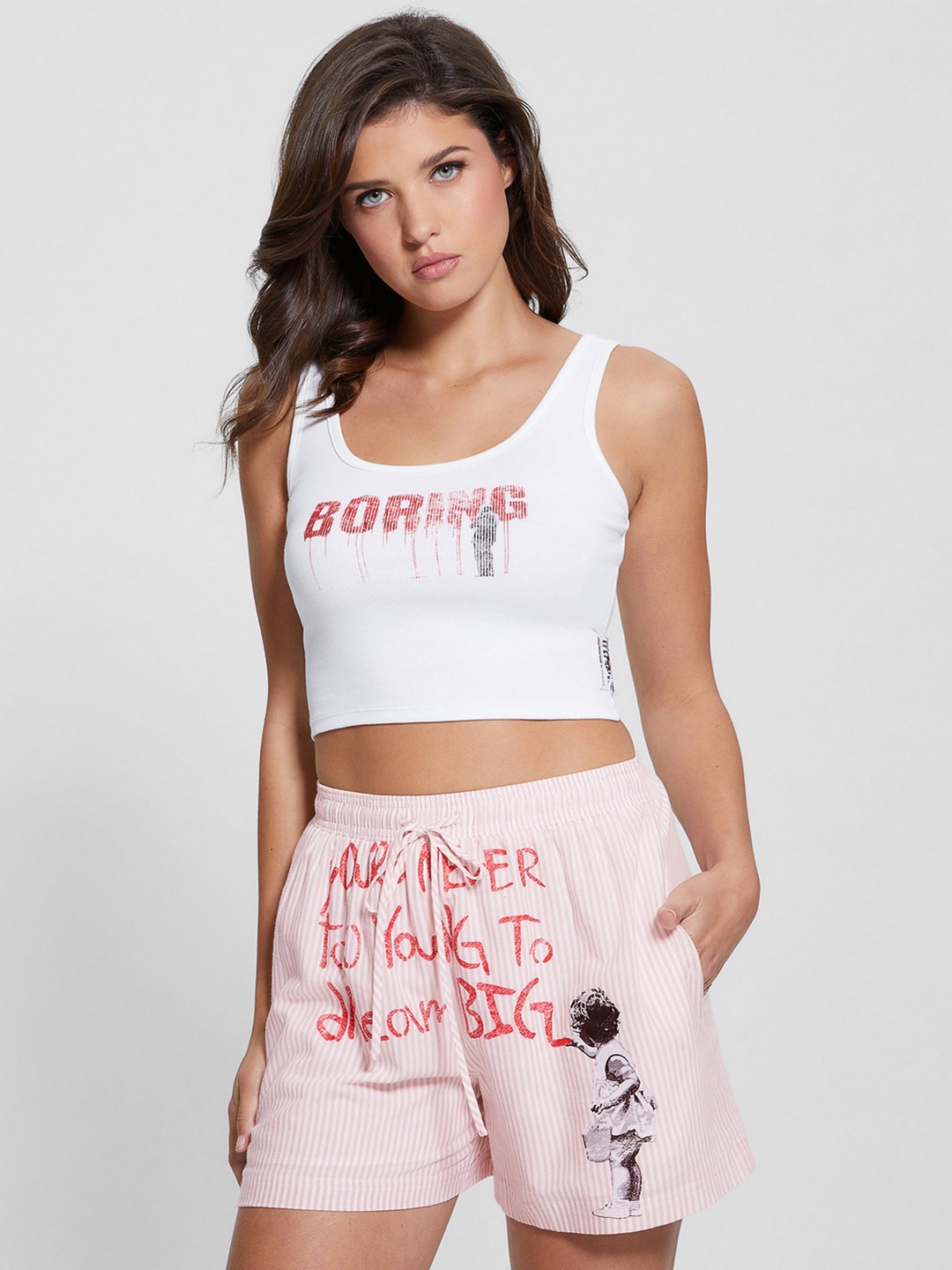 White Printed Round Neck Sleeveless Tank Top