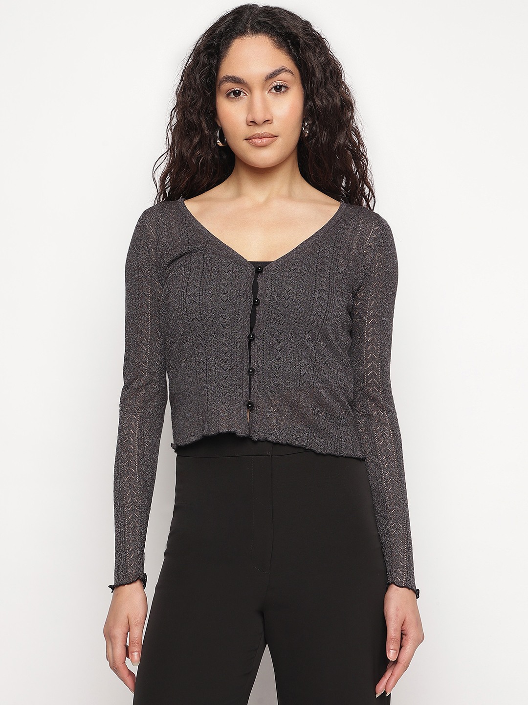 Black Self Design V-Neck Amira Shiny Yarn Cardigans