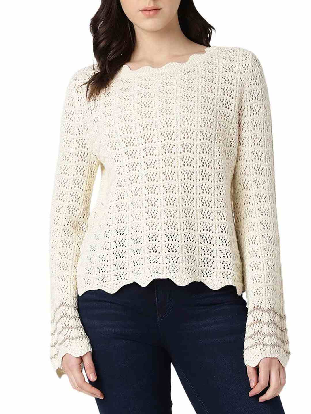 White Self Design Round Neck Top