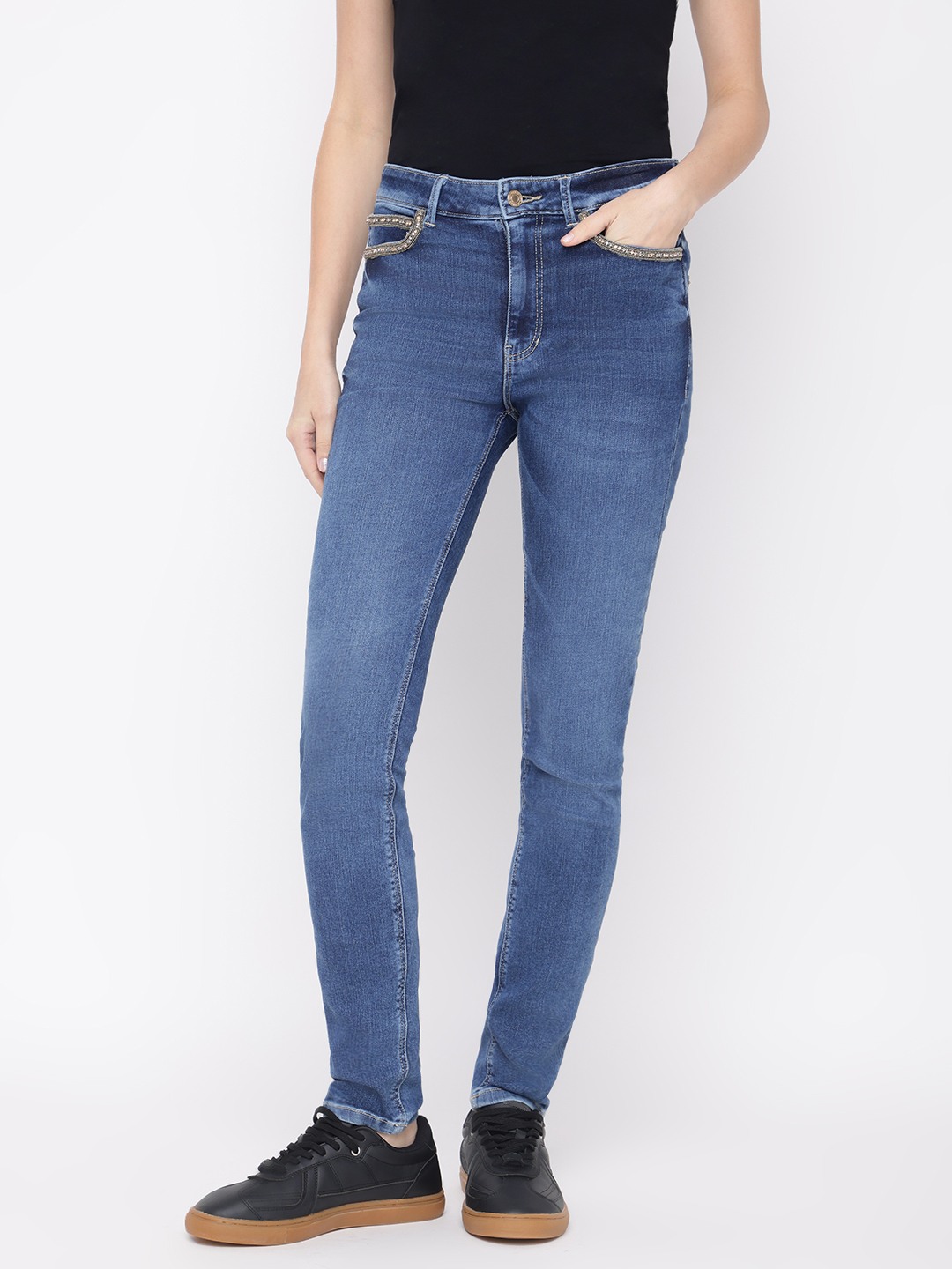 Guess Women's Blue Washed Mid-Rise Skinny Fit Jeans