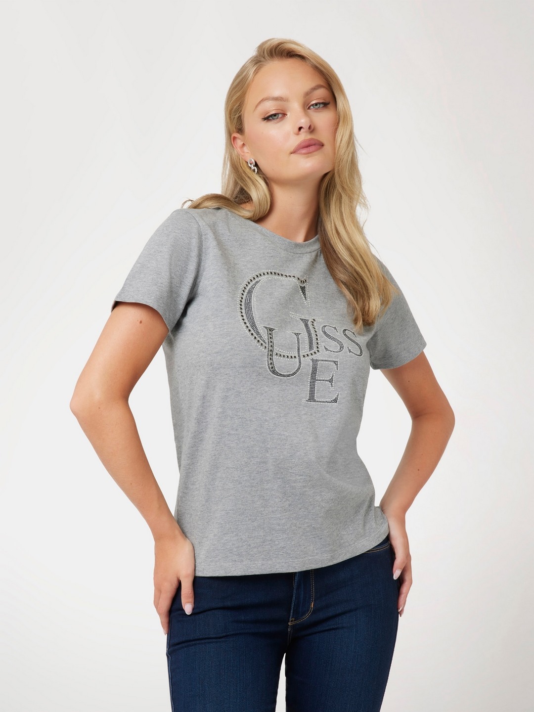 Guess Marble Heather Crew Neck Embellished T-Shirt