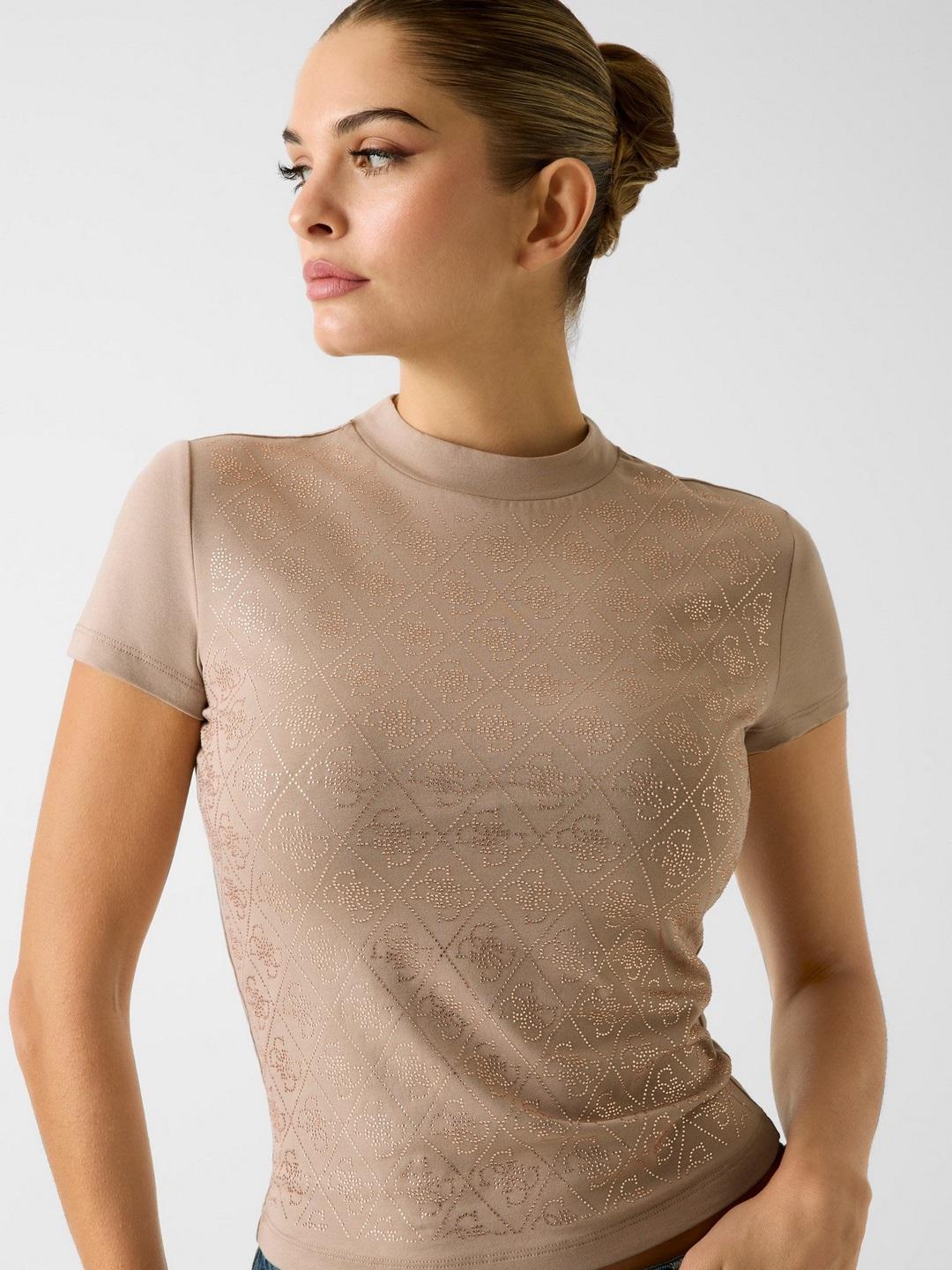Beige Embellished Round Neck T-shirt