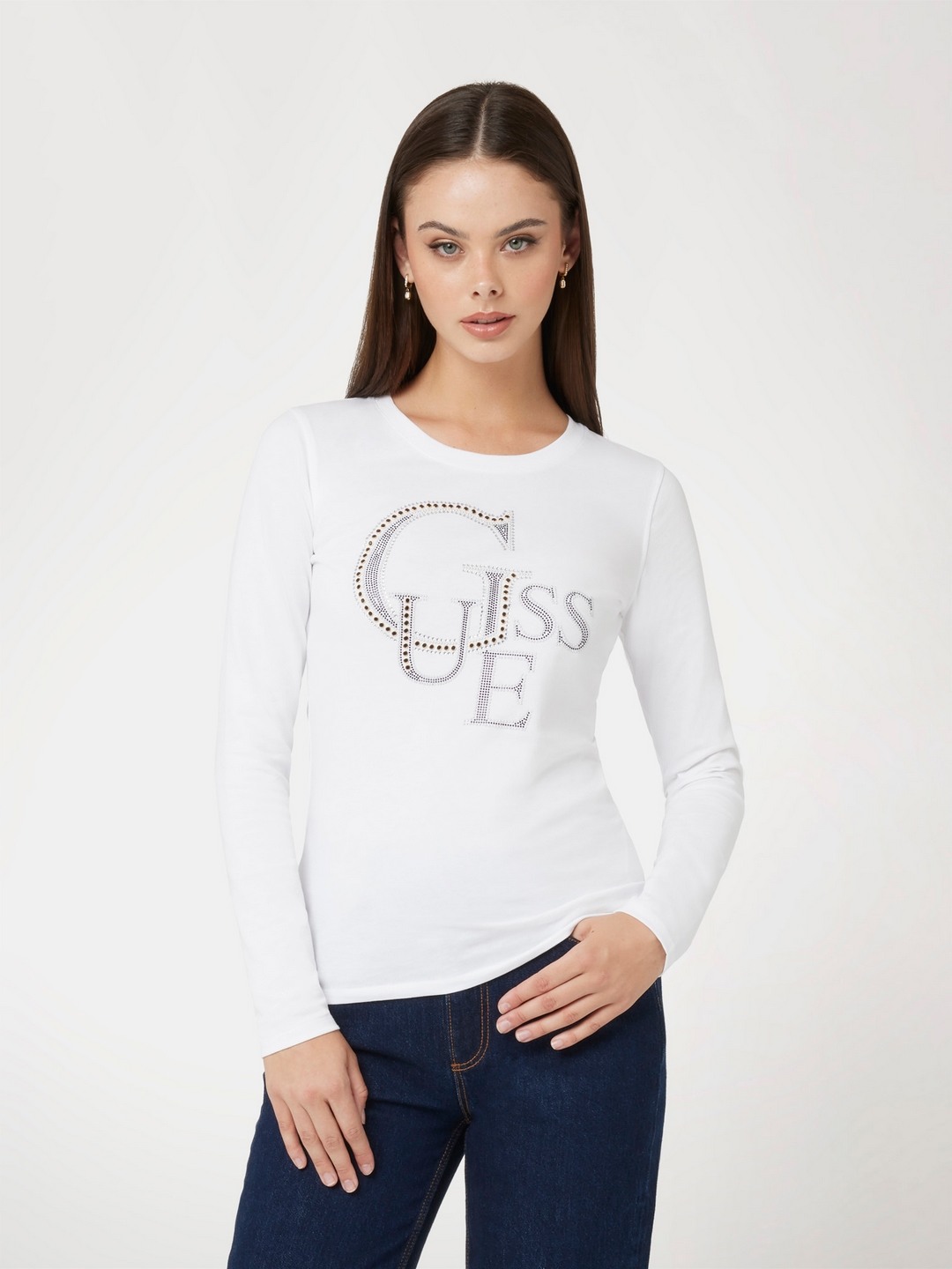 Guess Pure White Crew Neck Embellished T-Shirt