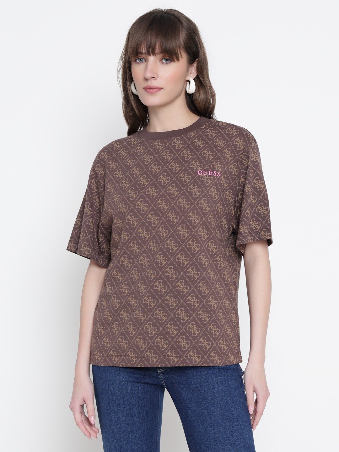 Women Brown Printed Round Neck T-shirt