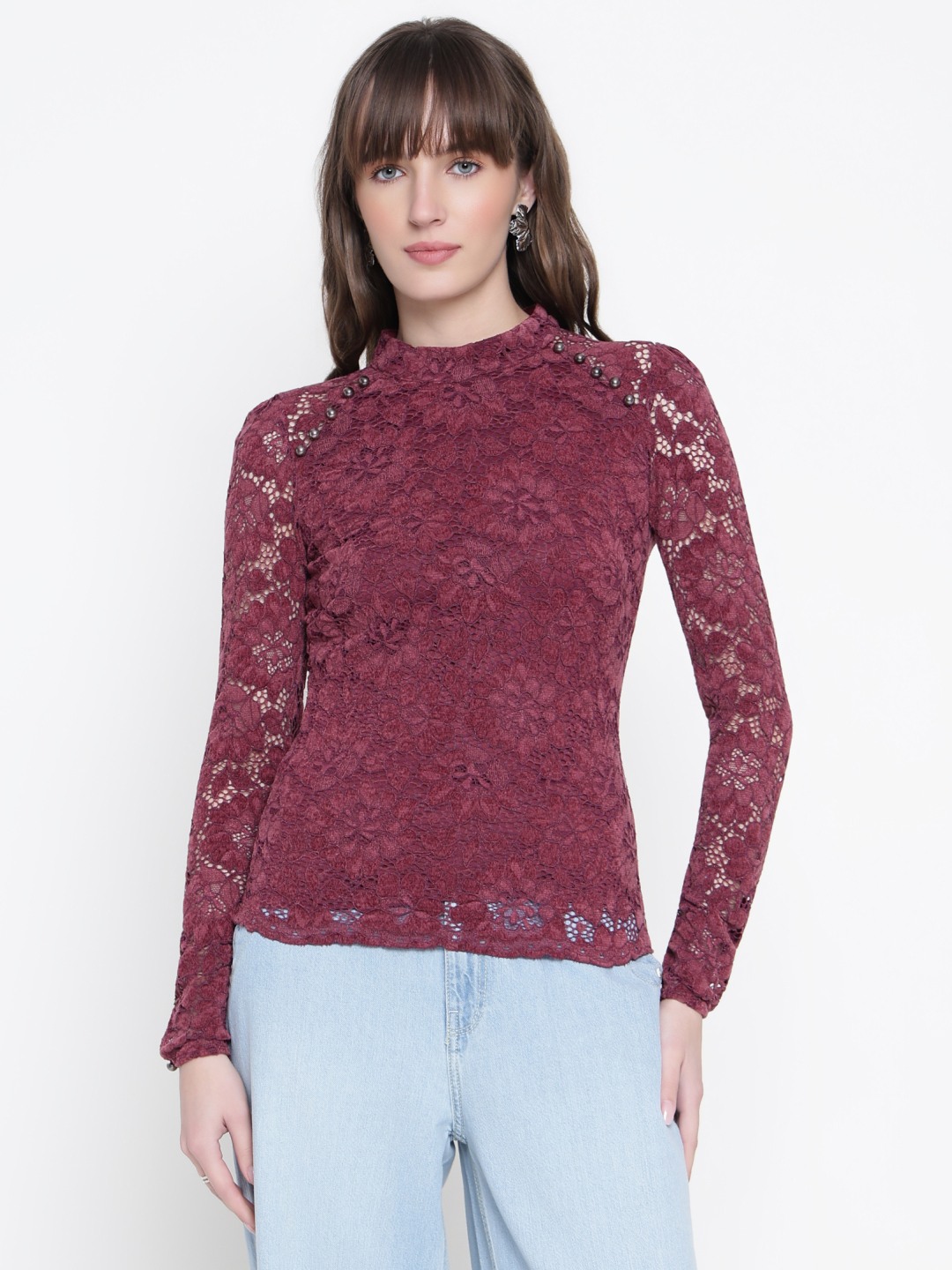 Women Burgundy Lace Embroidery Mock Neck Top