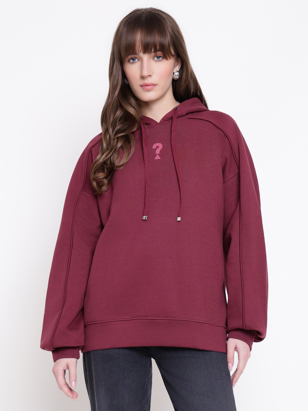 Guess Women Triangle Burgundy Rose Embroidered Hooded Neck Regular Fit Sweatshirt