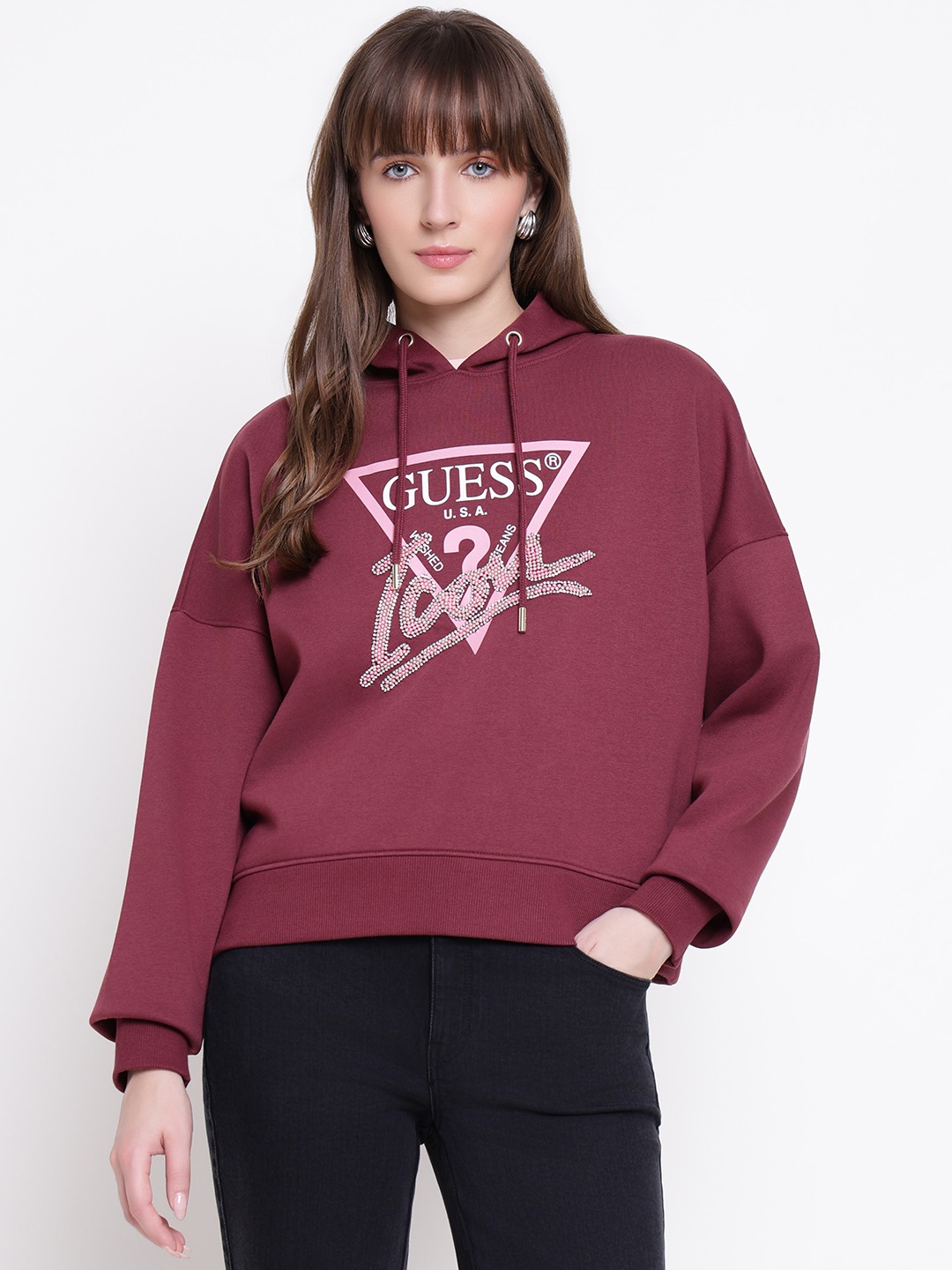 Guess Women Icon Burgundy Rose Embellished Hooded Neck Regular Fit Sweatshirt