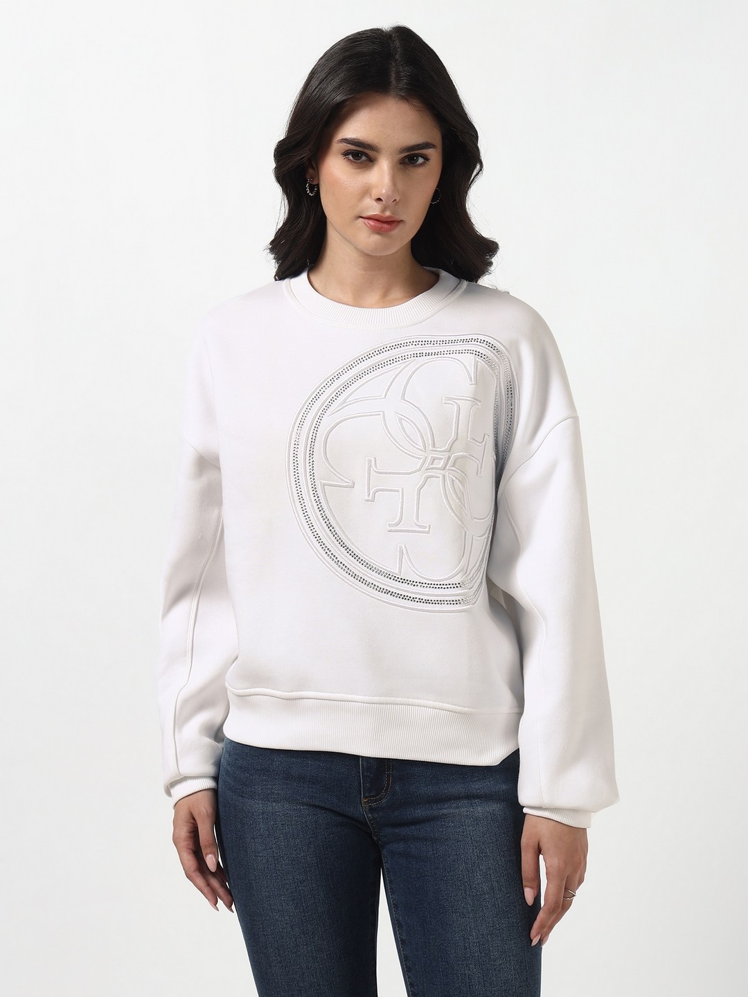 Guess Women Pure White Embroidery Round Neck Full Sleeves Knit Sweatshirt