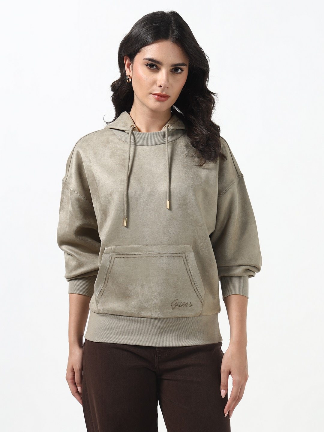 Guess Women Scuba Sage Leaf Solid Hooded Neck Full Sleeves Knit Sweatshirt