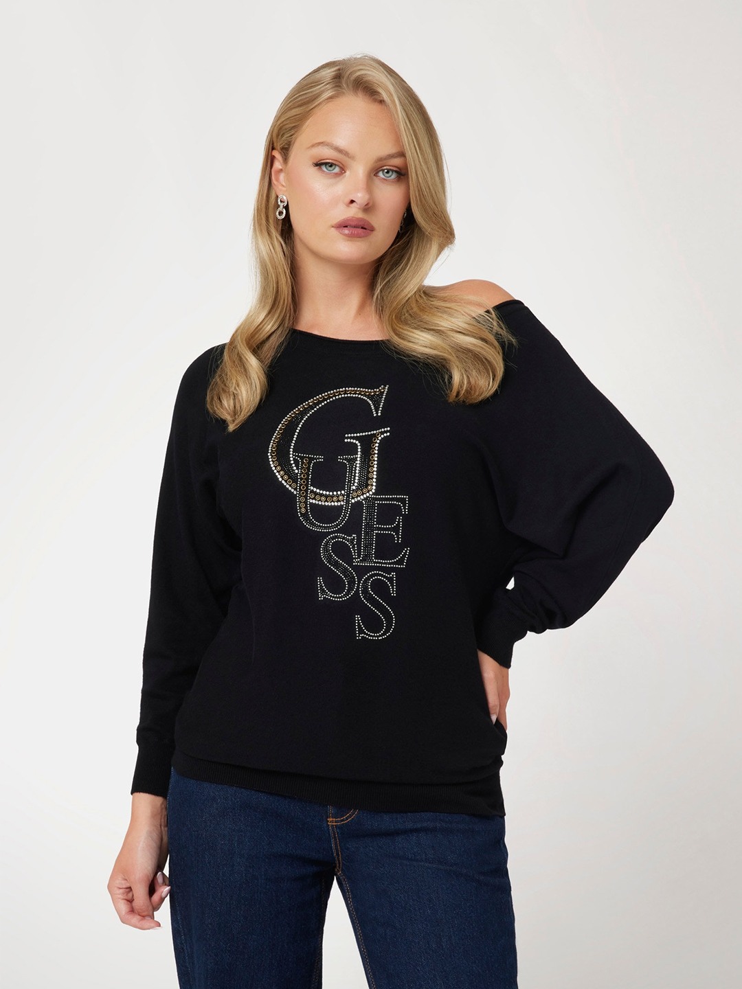 Guess Jet Black Round Neck Embellished Sweater
